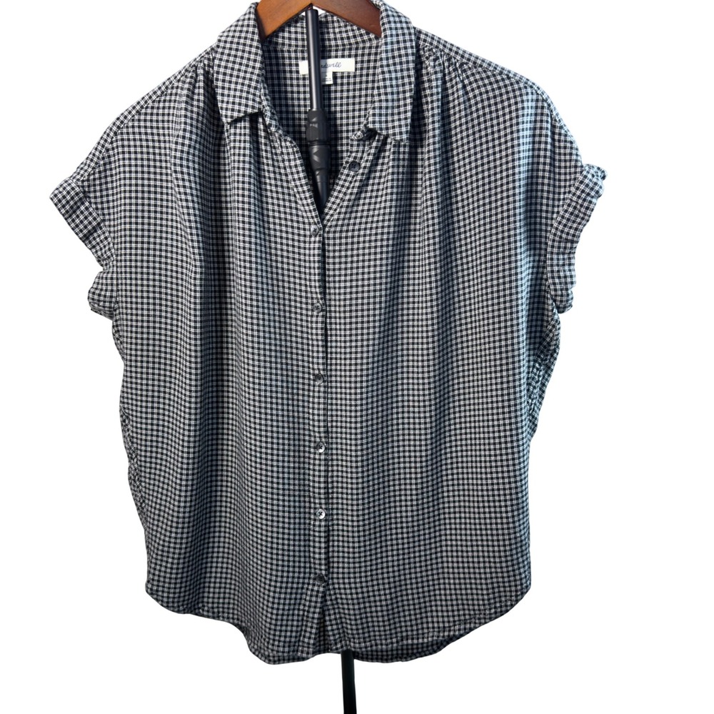 Madewell Central Shirt Women Small Black White Gingham Check Cap Sleeve Blouse